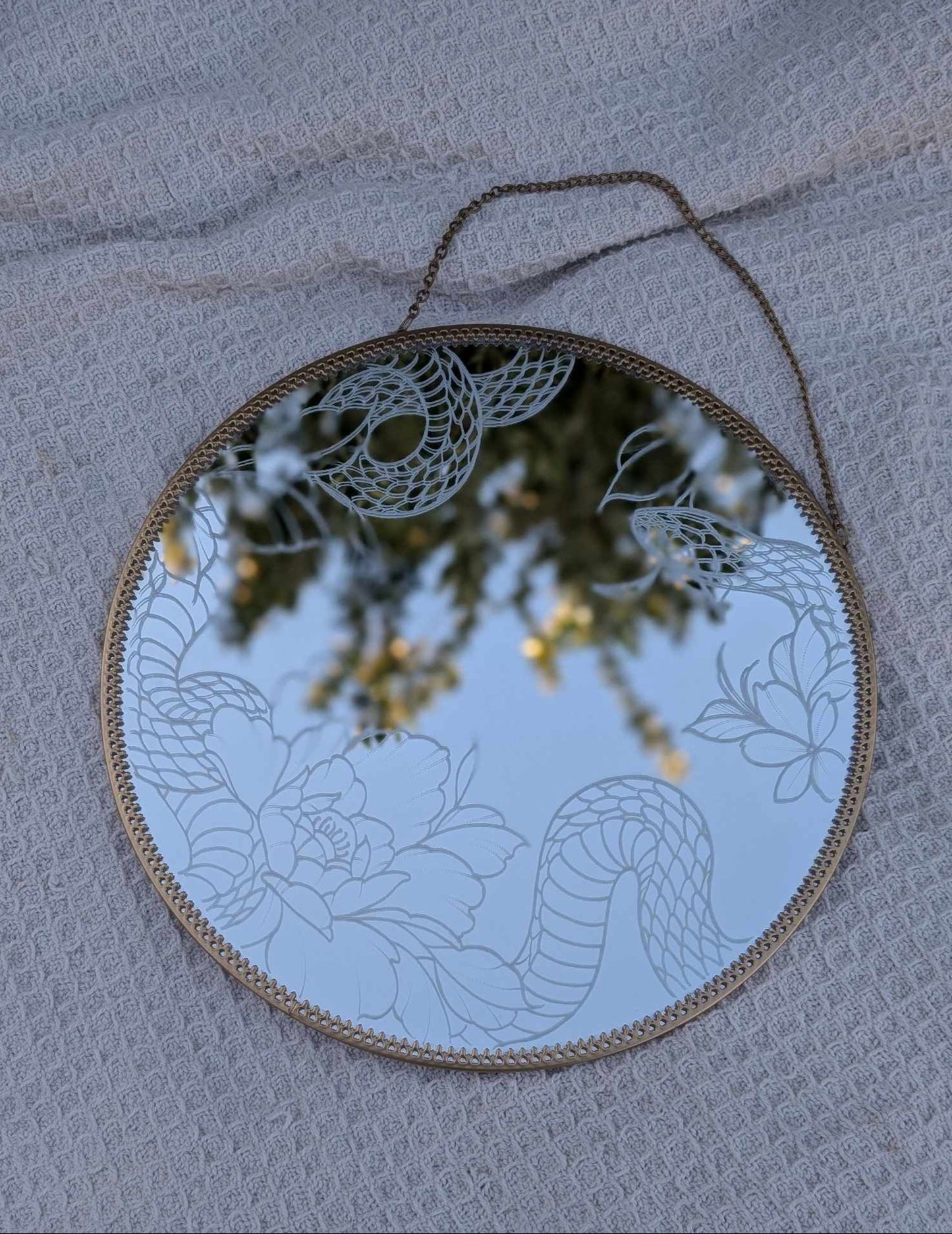 Hand Engraved Snake Gold Frame Round Mirror