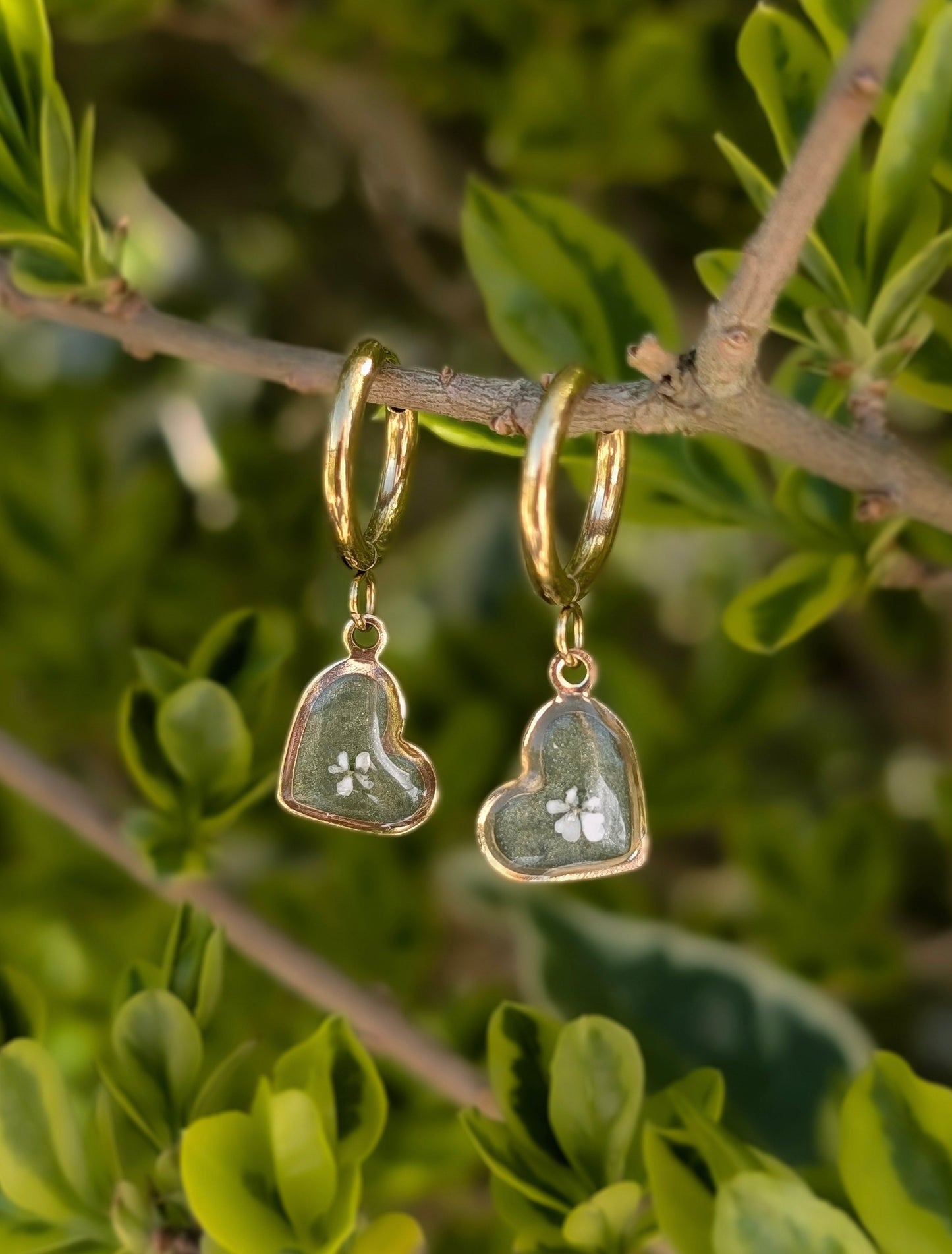 Green and Gold Floral Heart Hoop Earrings