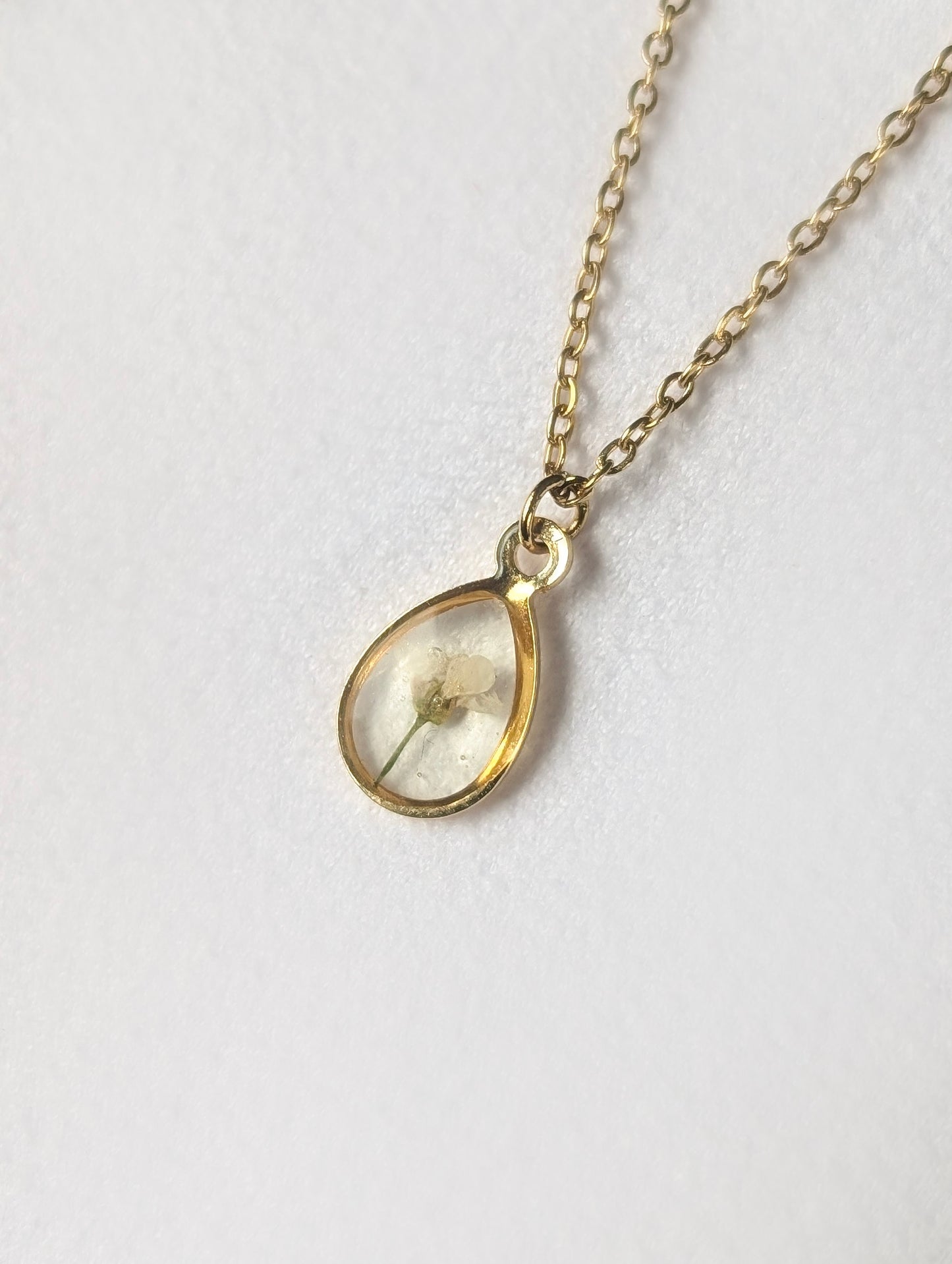 Delicate White Teardrop Real Flower Gold Necklace