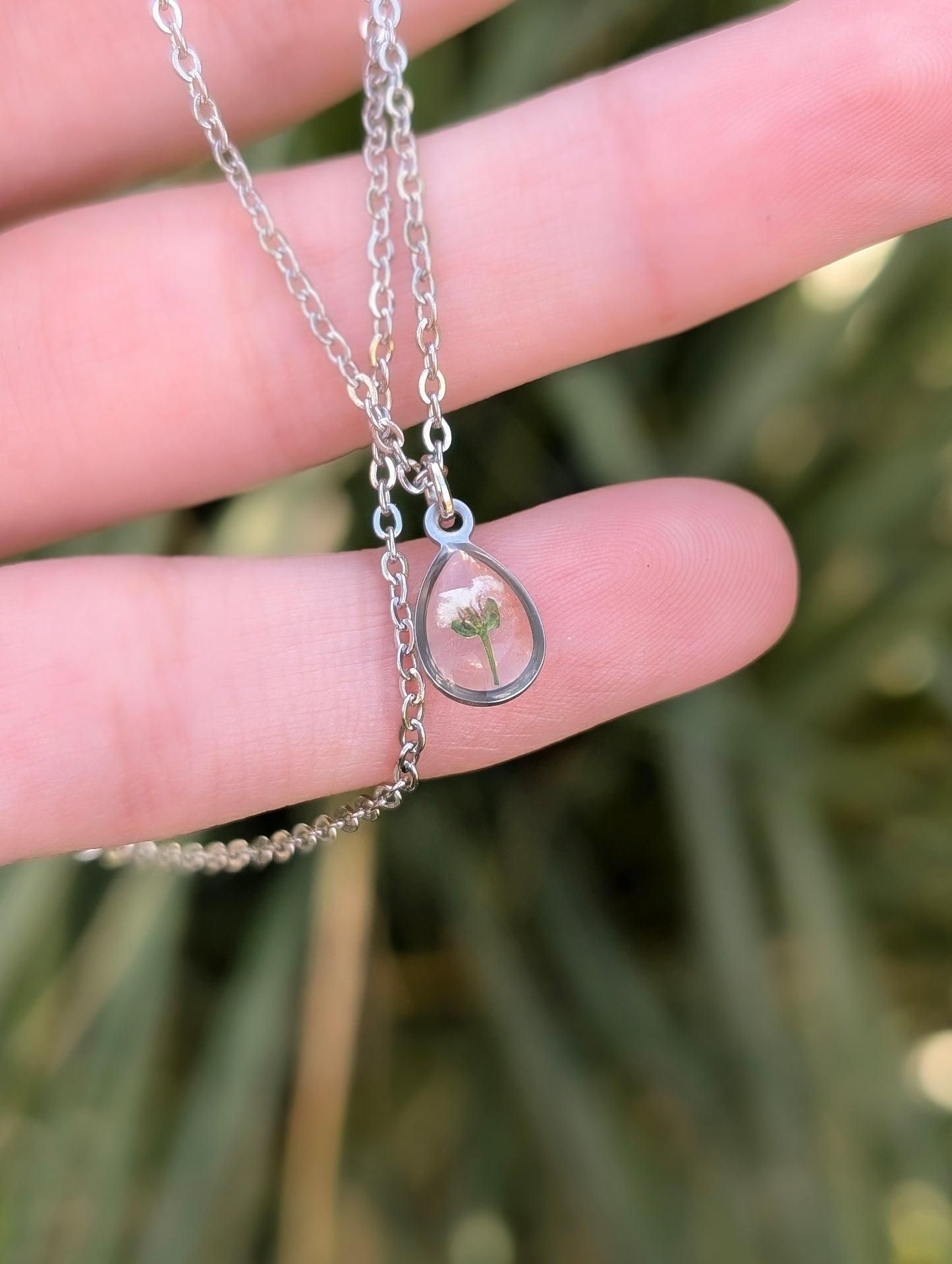 Delicate White Teardrop Real Flower Silver Necklace