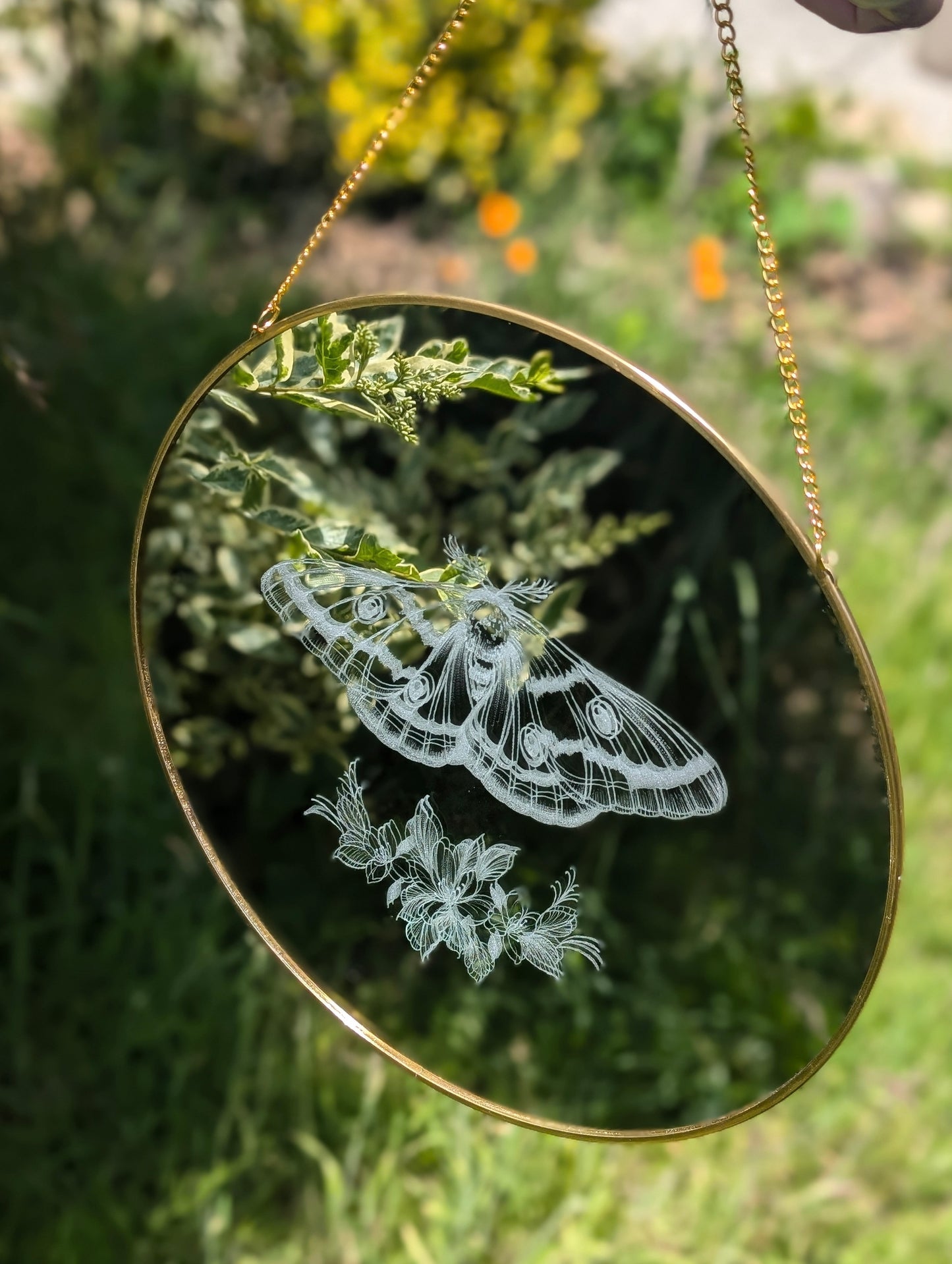 Hand Engraved Moth & Floral Round Gold Mirror