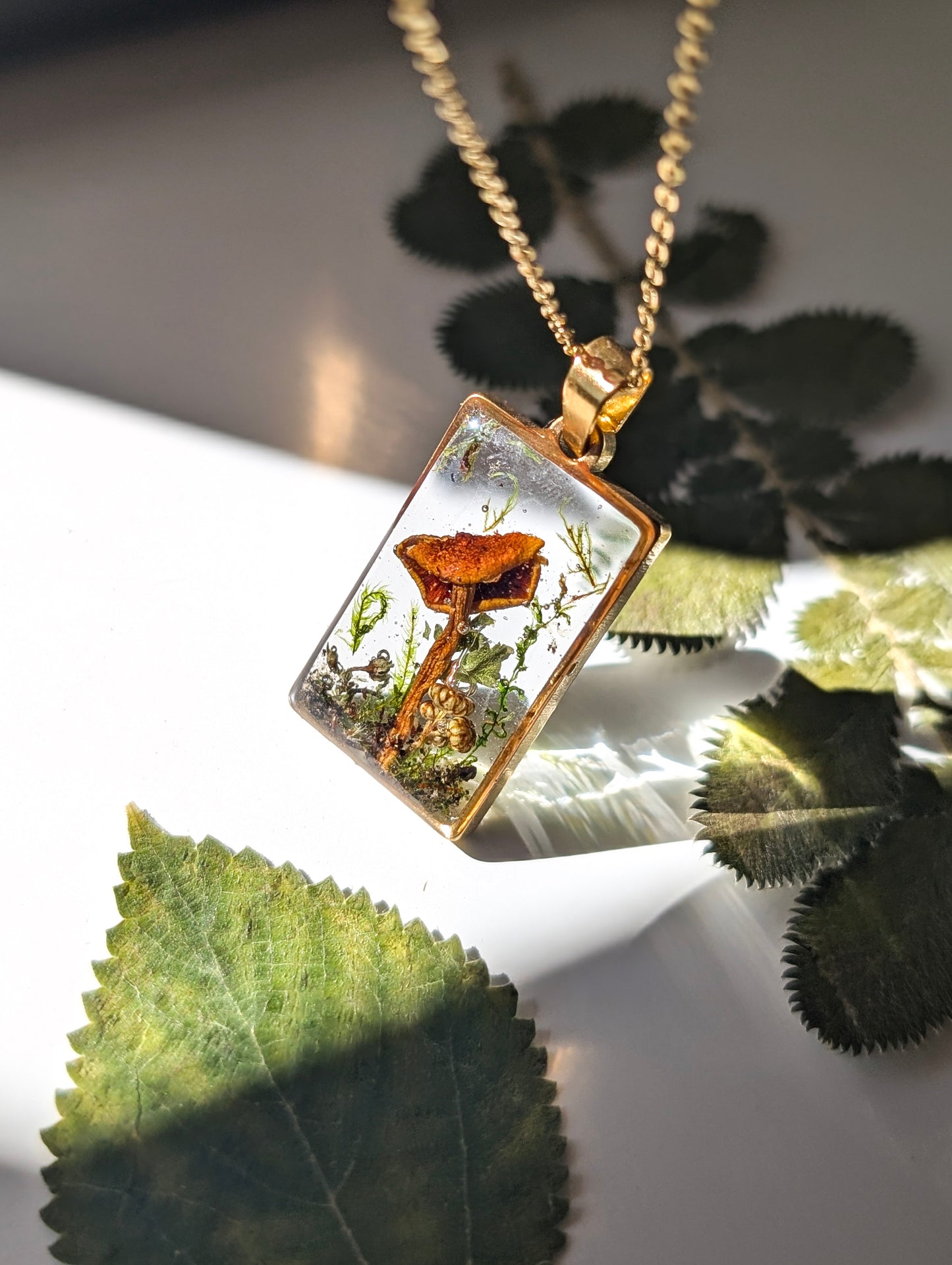 'Honeylight Hollow' Real Mushroom Resin Stainless Steel Necklace