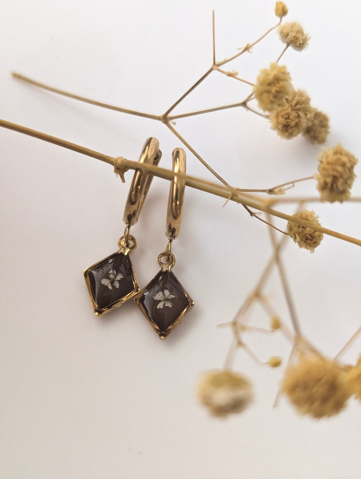 Chocolate Brown Floral | Gold Plated Stainless Steel Hoop Earrings
