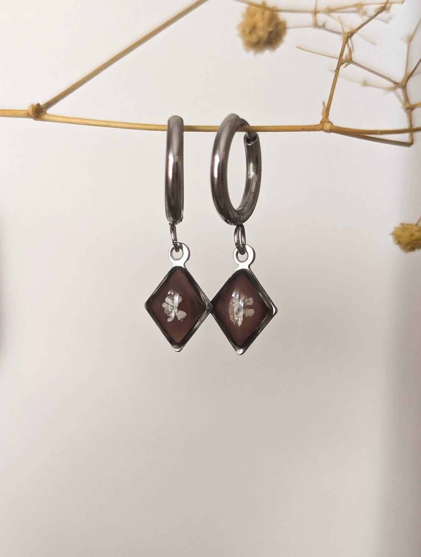Chocolate Brown Floral | Stainless Steel Hoop Earrings