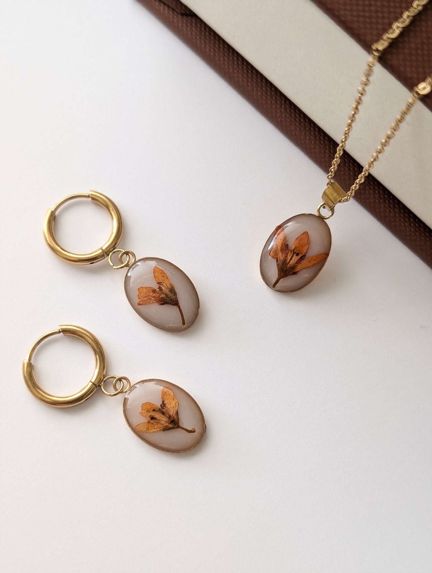 Orange Chloris Virgata Pressed Flora | Gold Plated Stainless Steel Hoop Earrings
