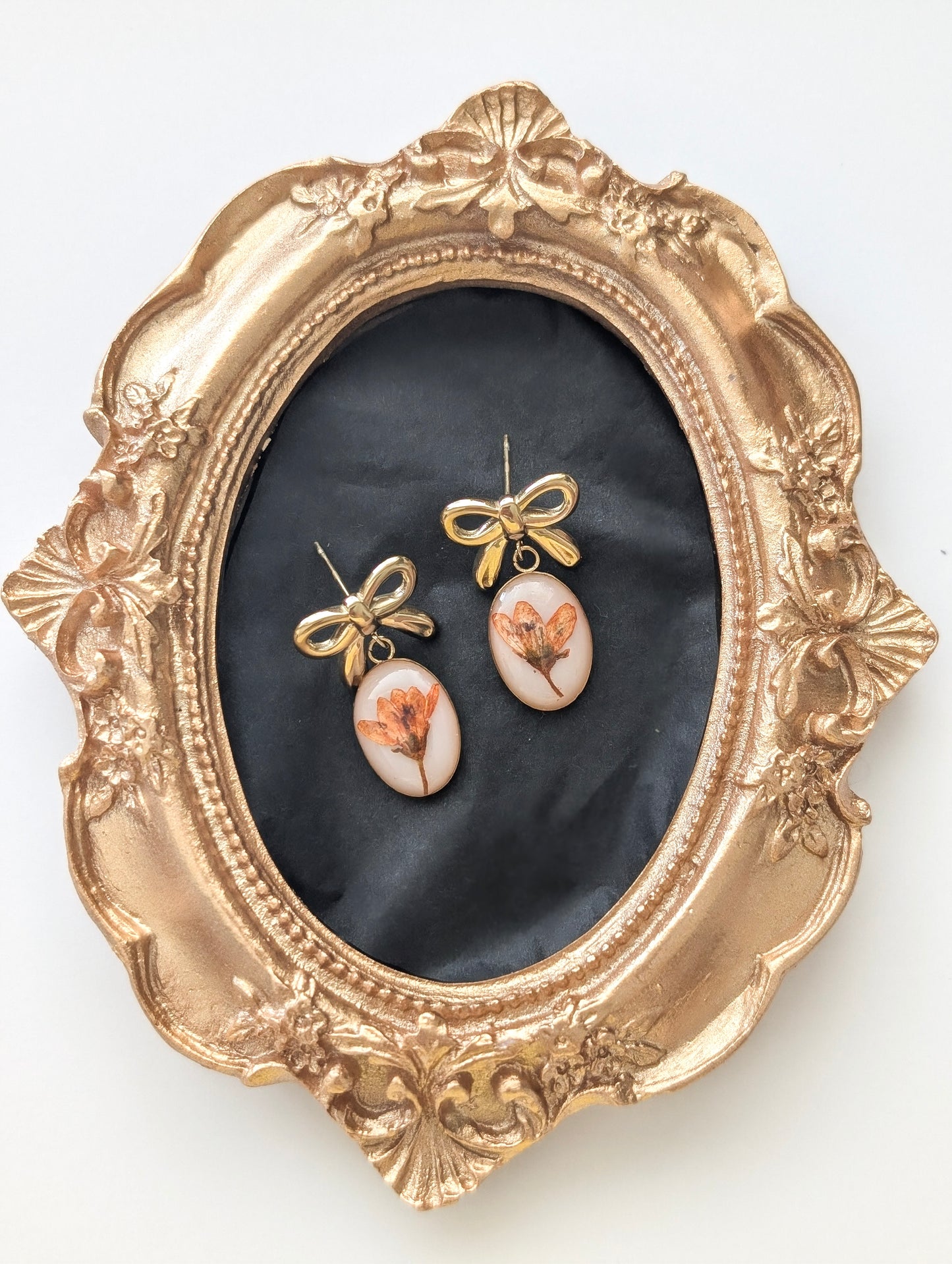 Orange Chloris Virgata Pressed Flora | Gold Plated Stainless Steel Bow Stud Earrings