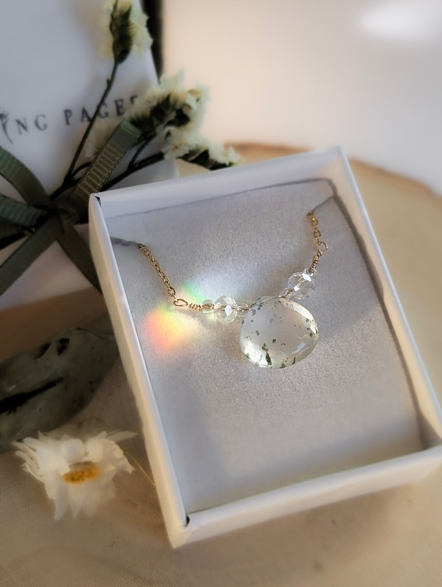 'Winter Mosslight' - Moss Quartz Necklace in Gold & Silver