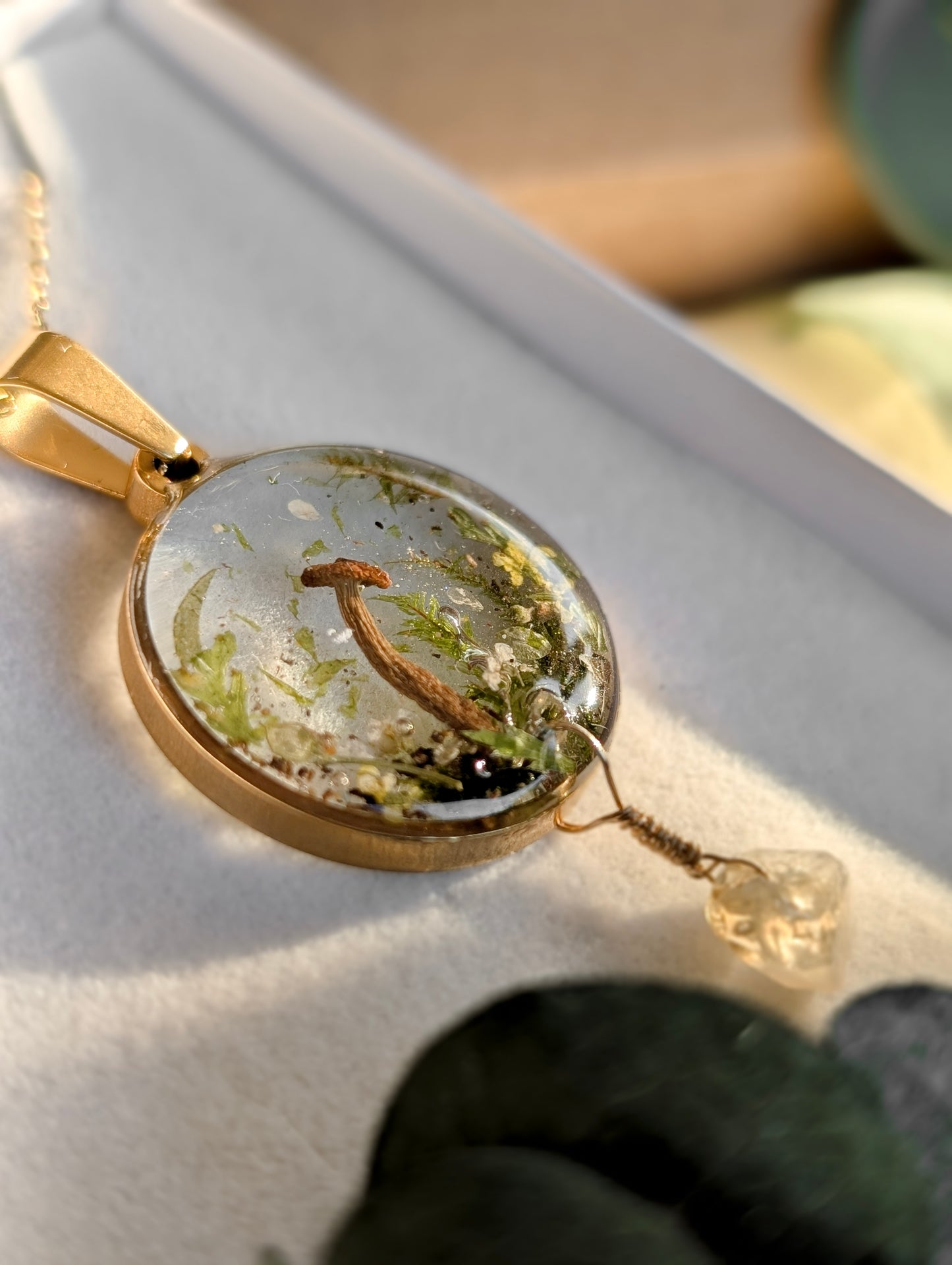 'Golden Solstice Ember' Real Mushroom & Botanical Necklace