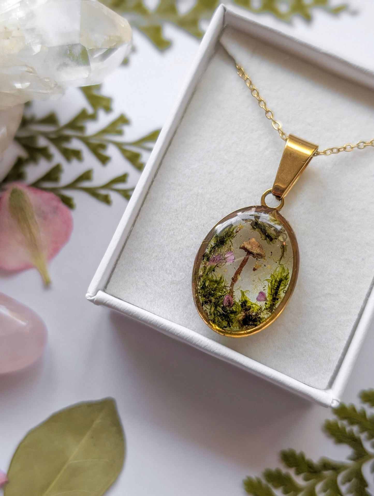 'Blush of the Woodland' - Real Mushroom Botanical Necklace