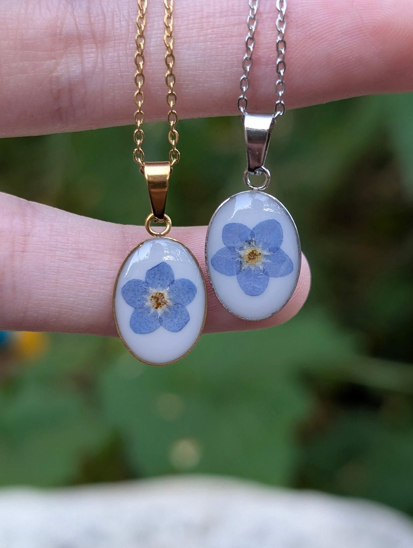 Oval Forget-Me-Not Silver & Gold Necklace