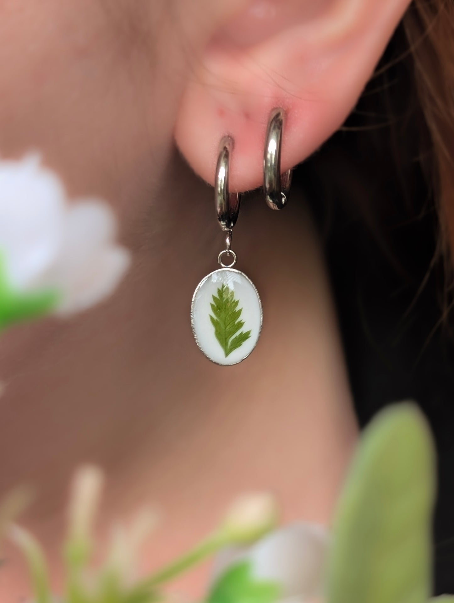 Oval Fern Leaf | Stainless Steel Hoop Earrings