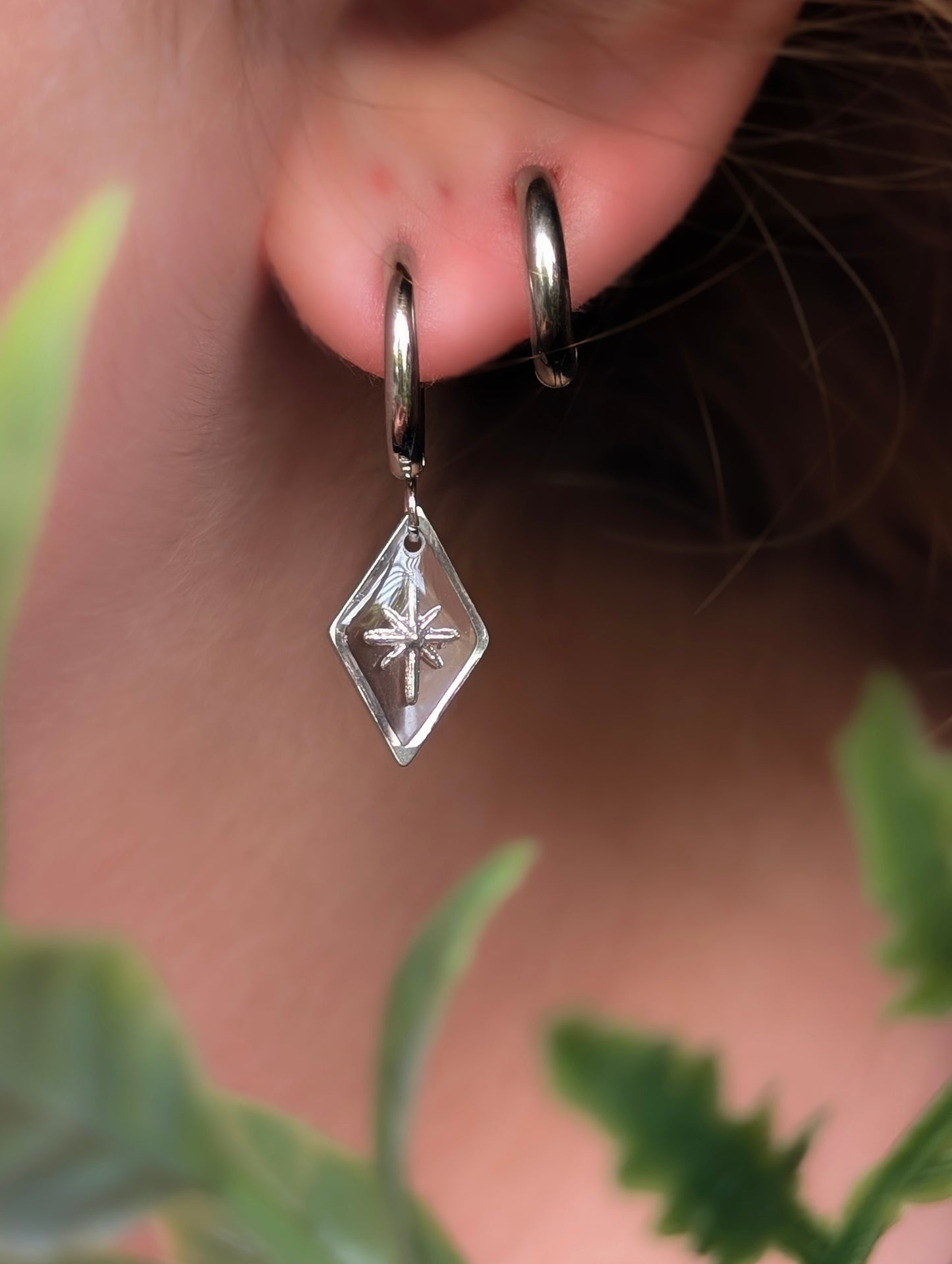 Silver Diamond Star Hoop Earrings