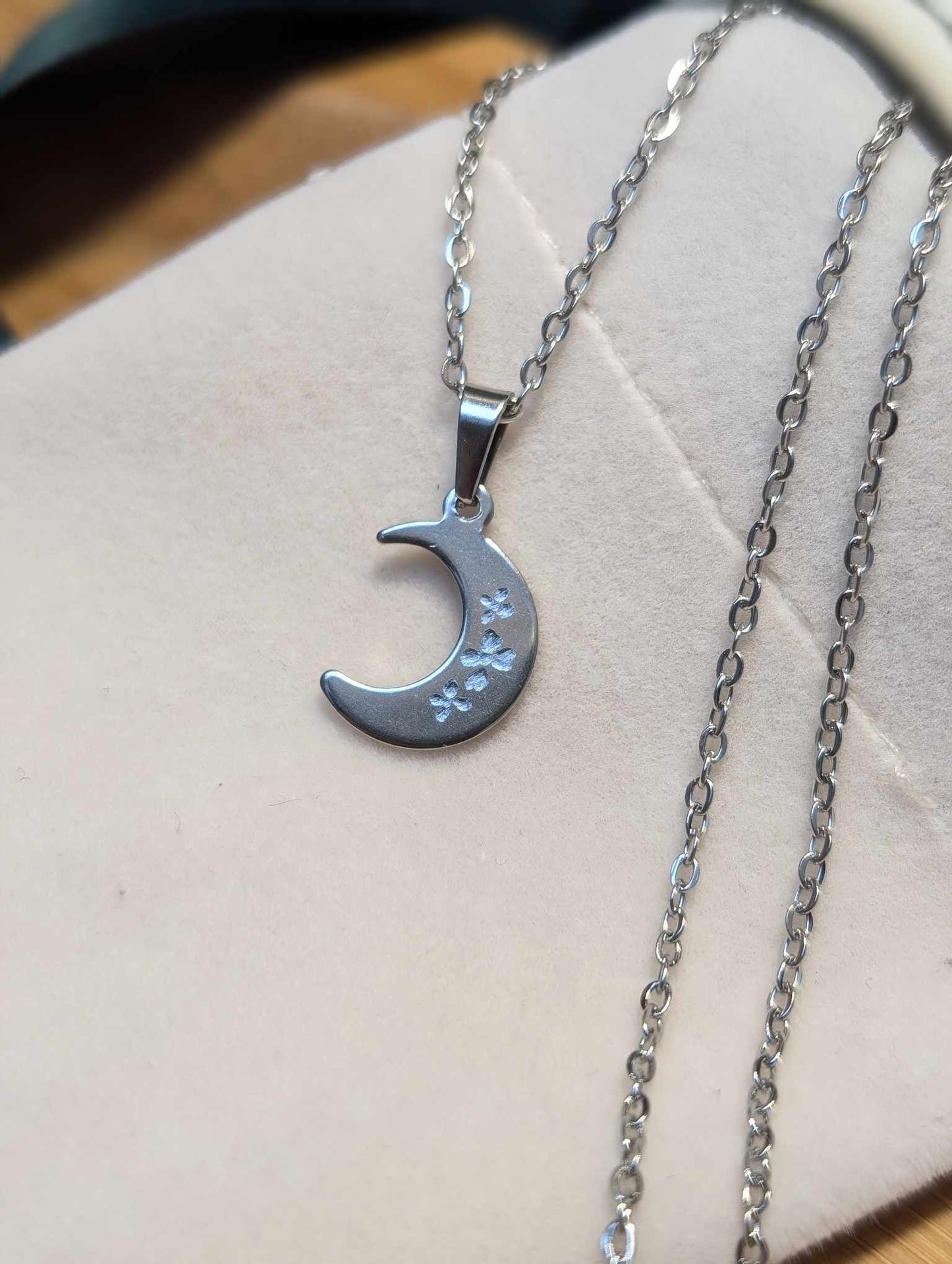 Hand Engraved Floral Moon Pendant Silver Necklace