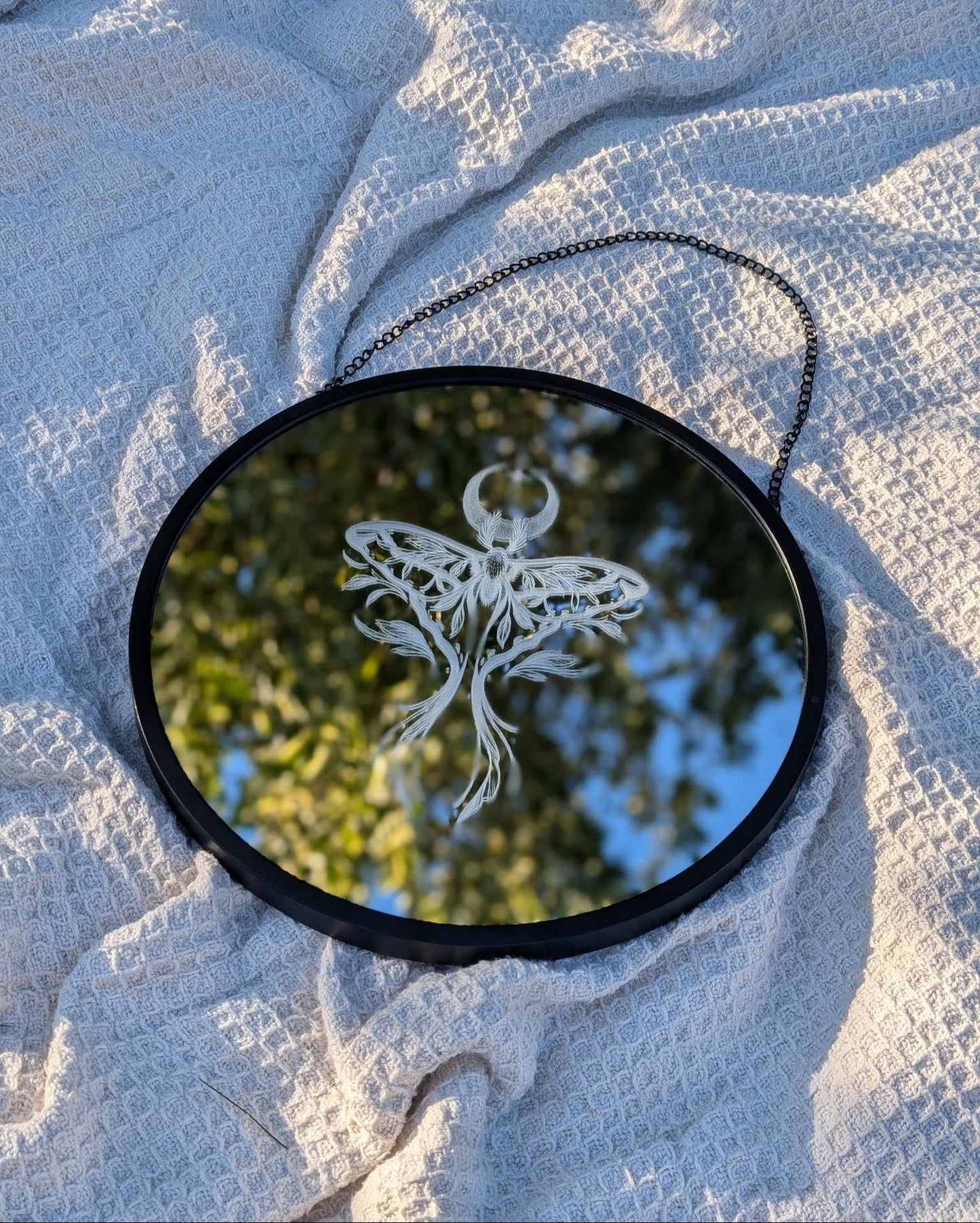 Hand Engraved Luna Moth Round Mirror