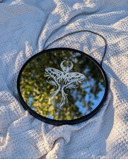 Hand Engraved Luna Moth Round Mirror