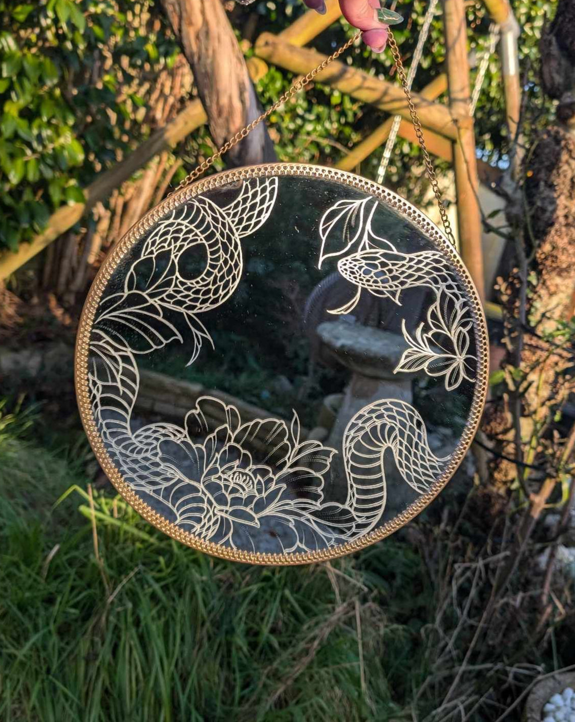 Hand Engraved Snake Gold Frame Round Mirror