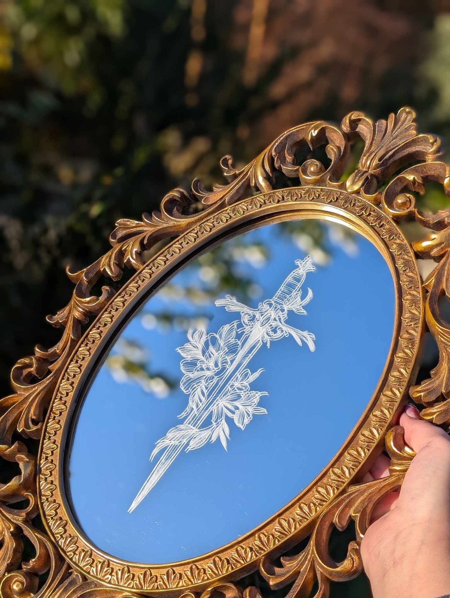 Hand Engraved Dagger Vintage Gold Mirror