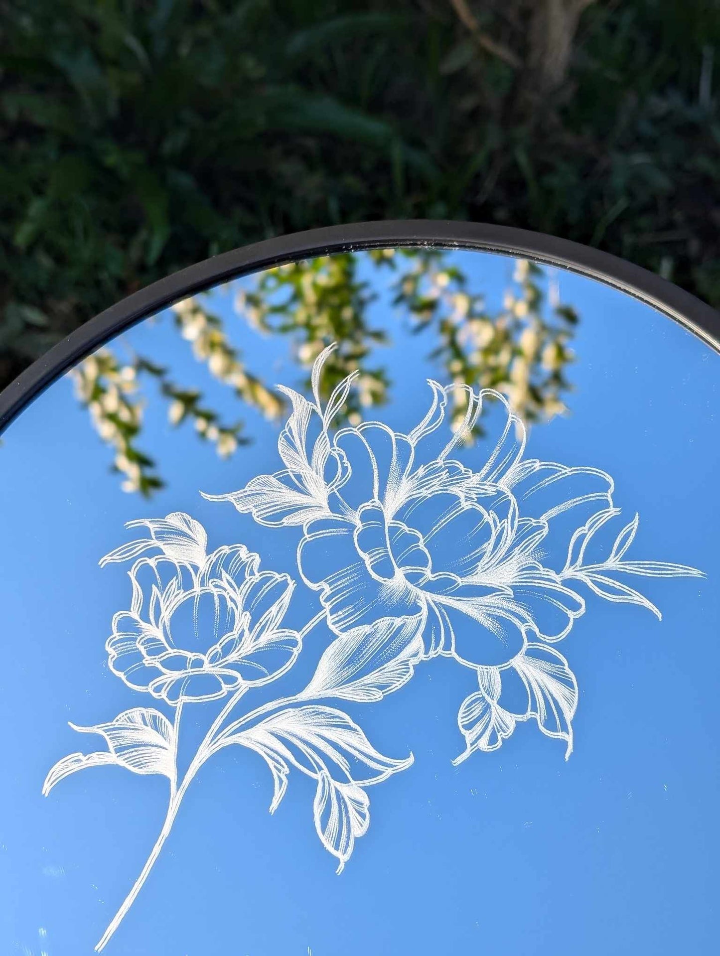 Hand Engraved Peony Round Mirror