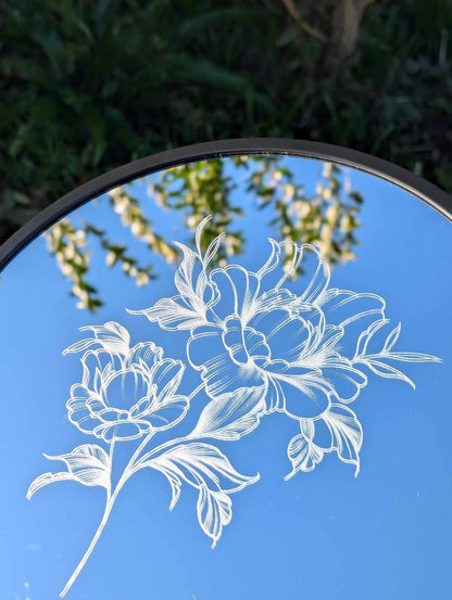 Hand Engraved Peony Round Mirror