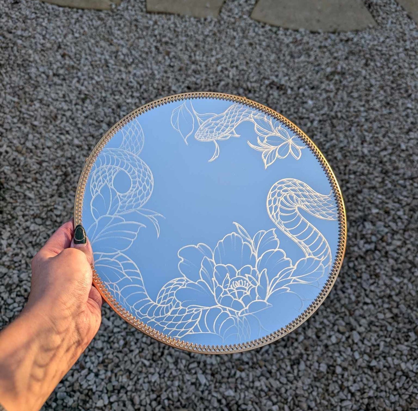 Hand Engraved Snake Gold Frame Round Mirror
