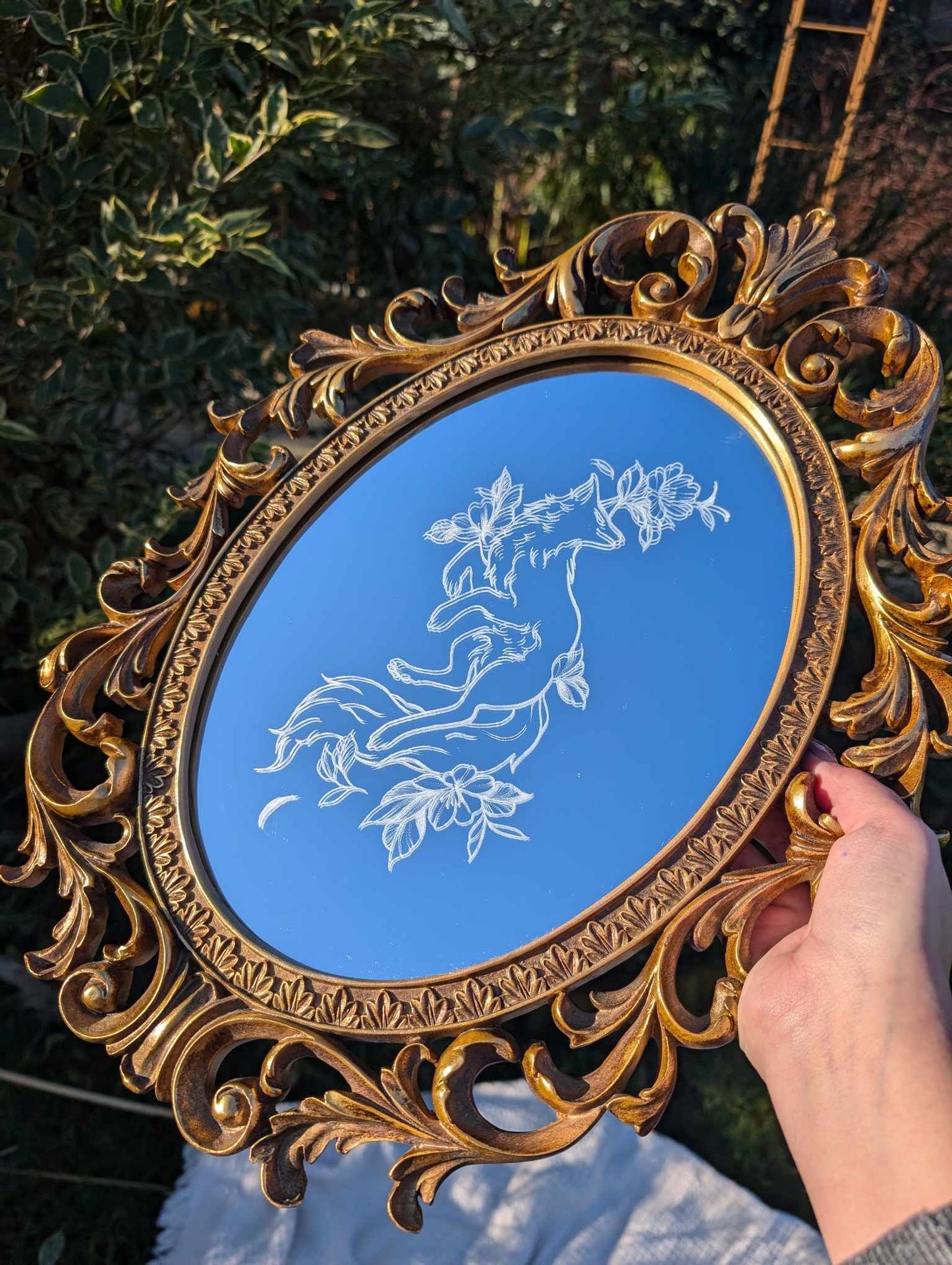 Hand Engraved Fox Vintage Gold Mirror