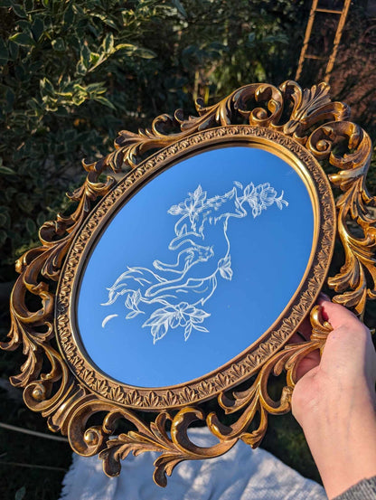 Hand Engraved Fox Vintage Gold Mirror