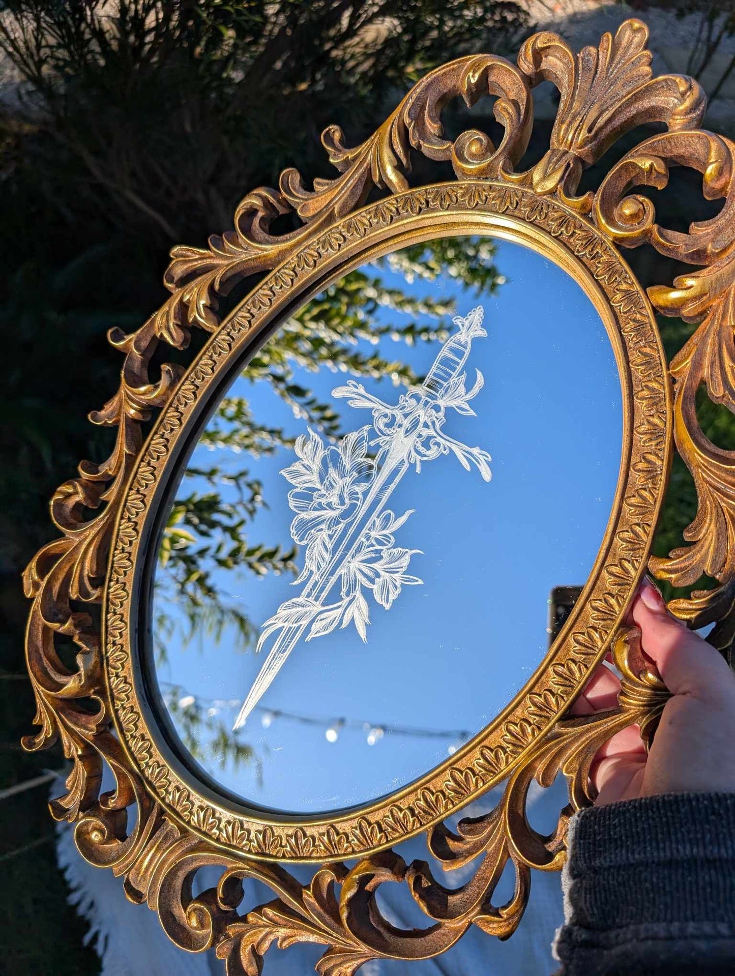 Hand Engraved Dagger Vintage Gold Mirror