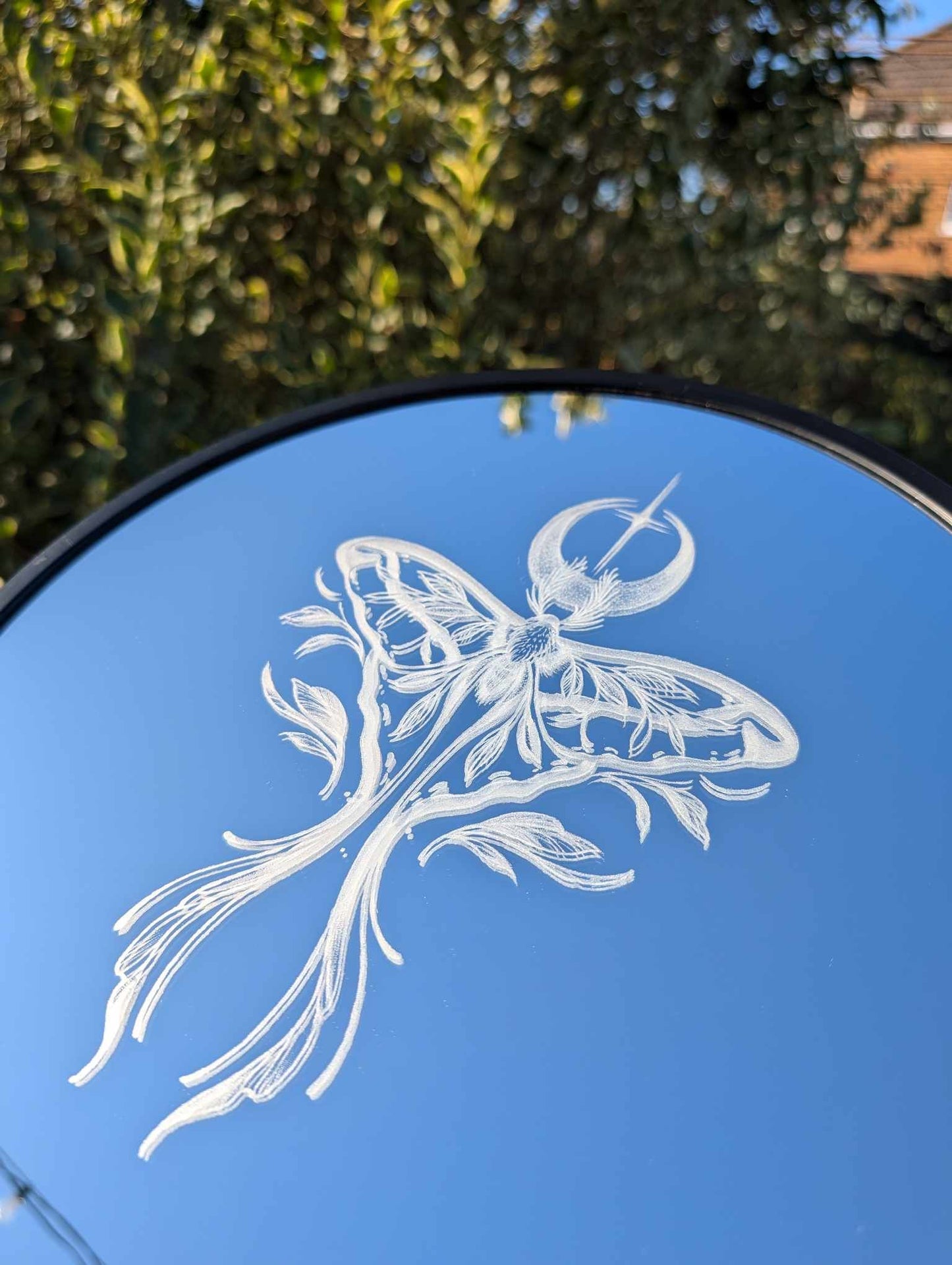 Hand Engraved Luna Moth Round Mirror