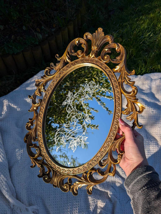 Hand Engraved Fox Vintage Gold Mirror