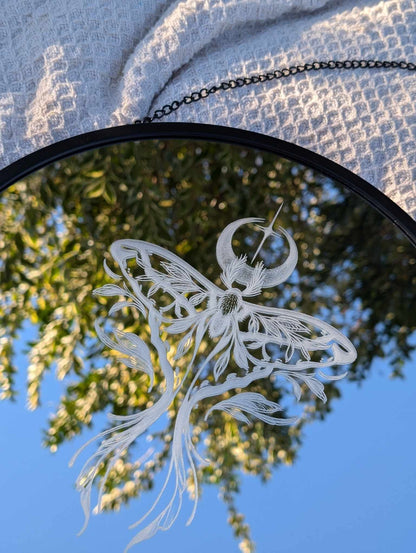 Hand Engraved Luna Moth Round Mirror