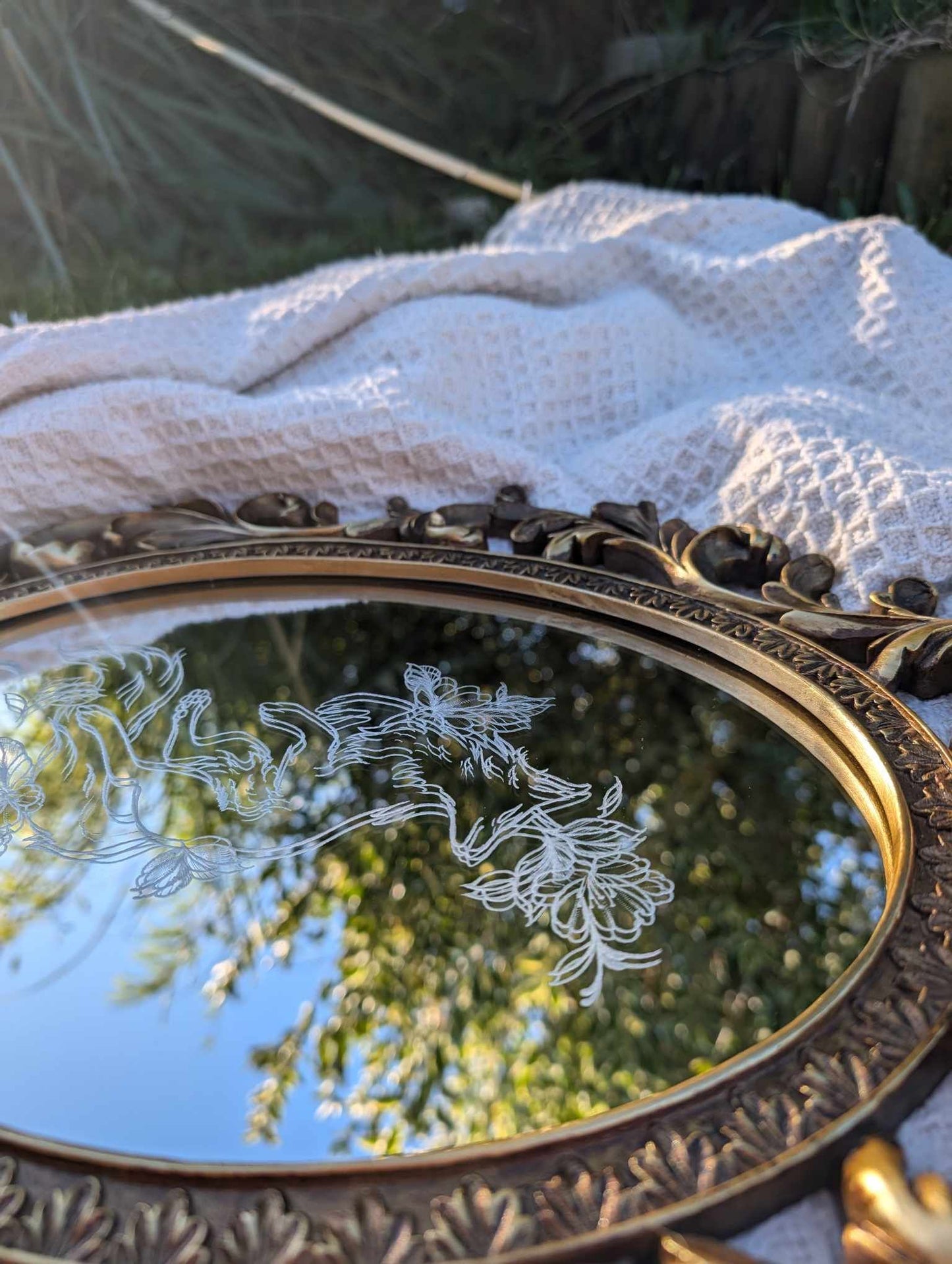 Hand Engraved Fox Vintage Gold Mirror