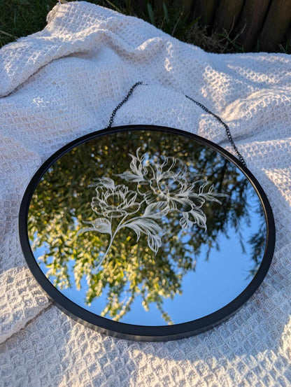 Hand Engraved Peony Round Mirror