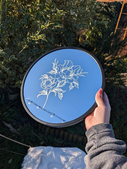 Hand Engraved Peony Round Mirror