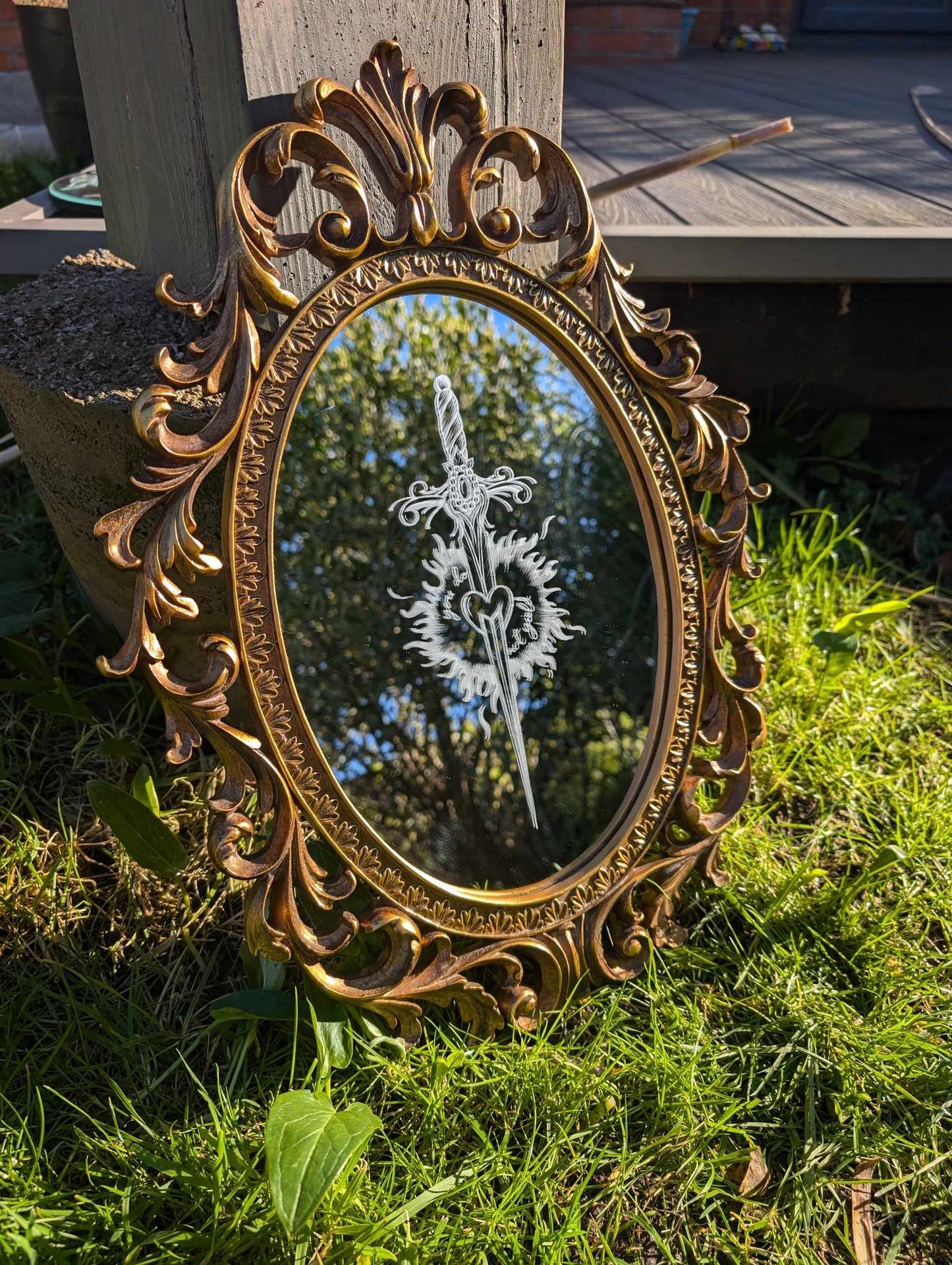 Hand Engraved Bookish Vintage Gold Mirror