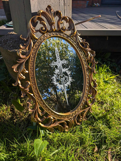 Hand Engraved Bookish Vintage Gold Mirror