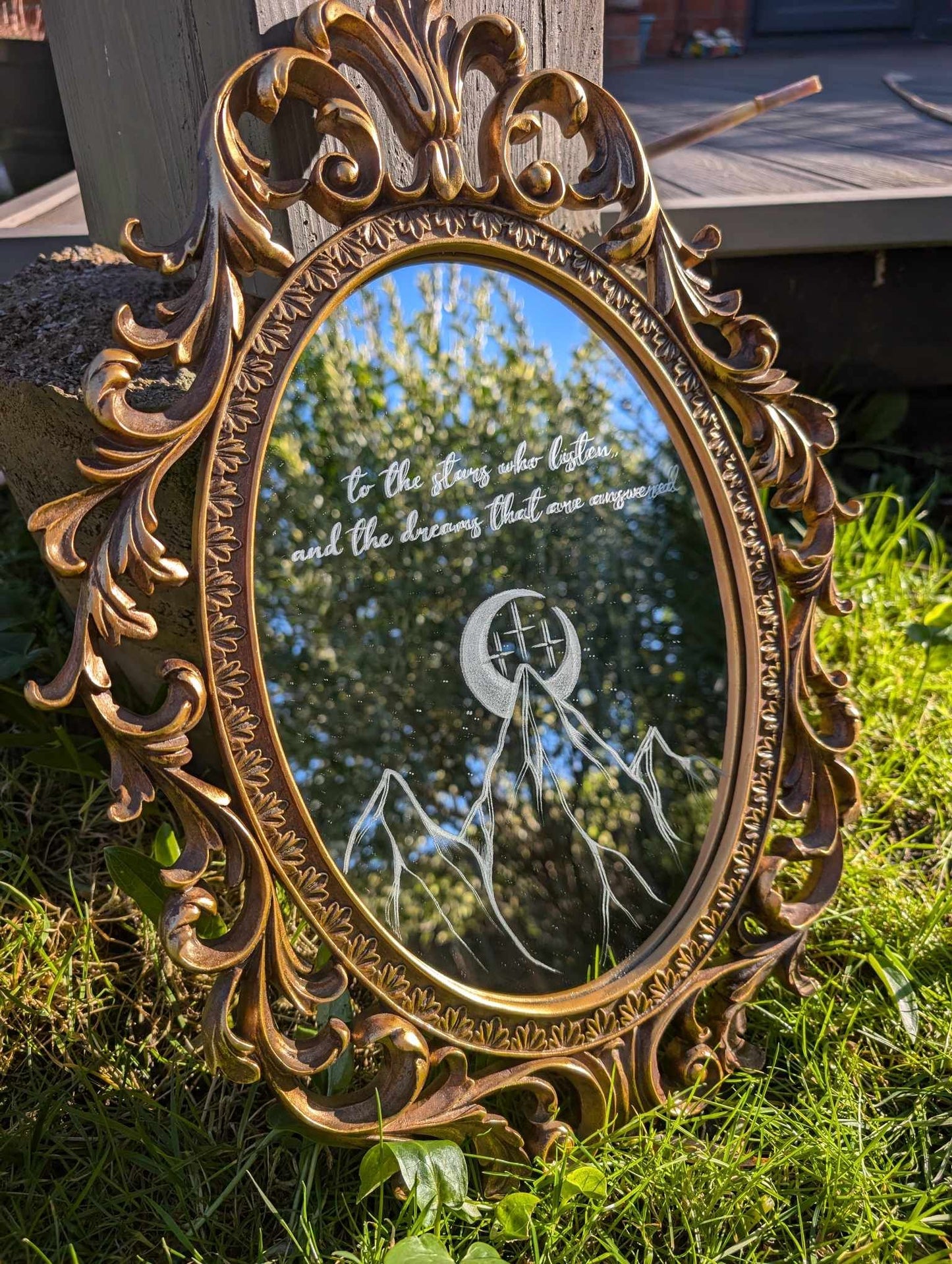 Hand Engraved Bookish  Inspired Vintage Gold Mirror