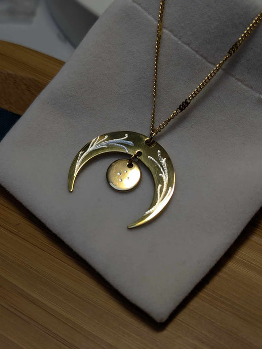 Hand Engraved Floral Moon Pendant Gold Necklace