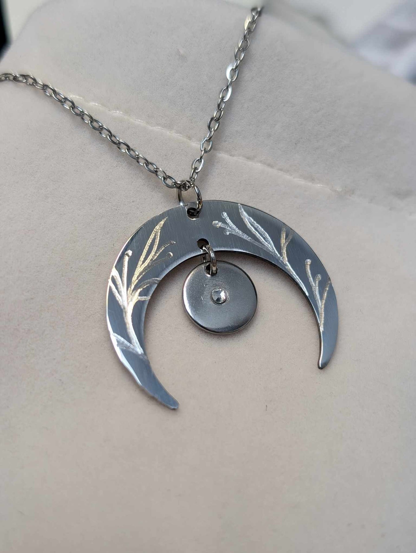 Hand Engraved Floral Moon Pendant Silver Necklace