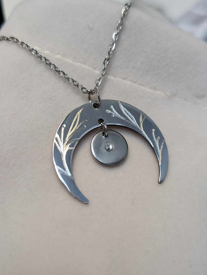 Hand Engraved Floral Moon Pendant Silver Necklace
