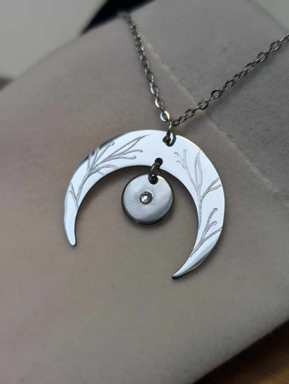 Hand Engraved Floral Moon Pendant Silver Necklace