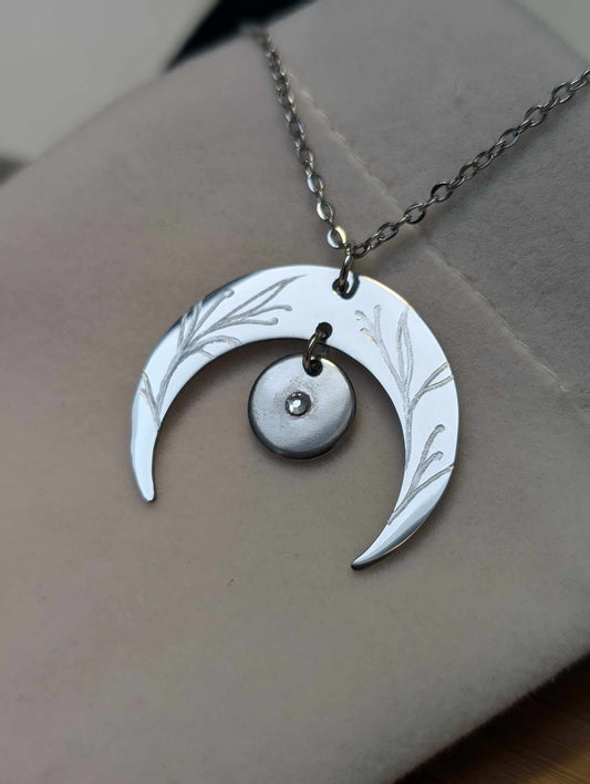 Hand Engraved Floral Moon Pendant Silver Necklace