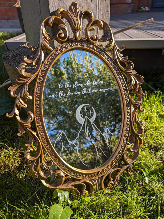 Hand Engraved Bookish  Inspired Vintage Gold Mirror