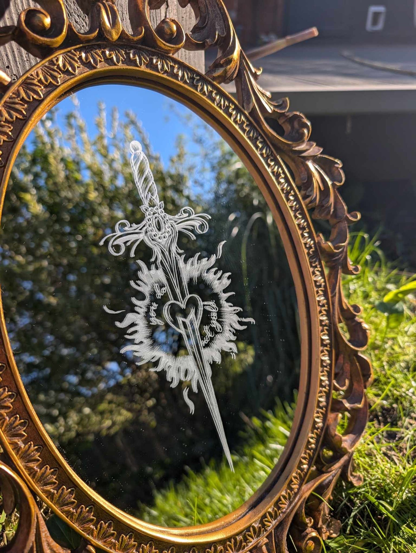 Hand Engraved Bookish Vintage Gold Mirror