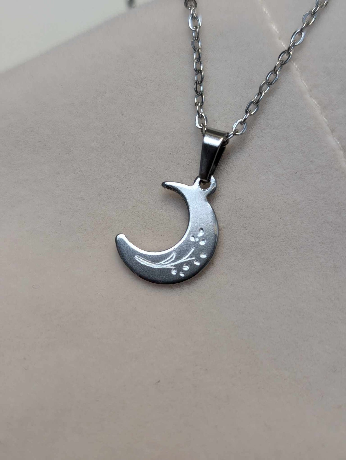 Hand Engraved Floral Moon Silver Necklace