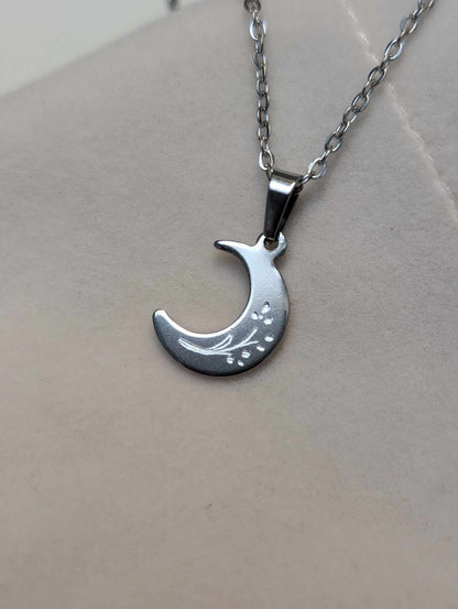 Hand Engraved Floral Moon Silver Necklace
