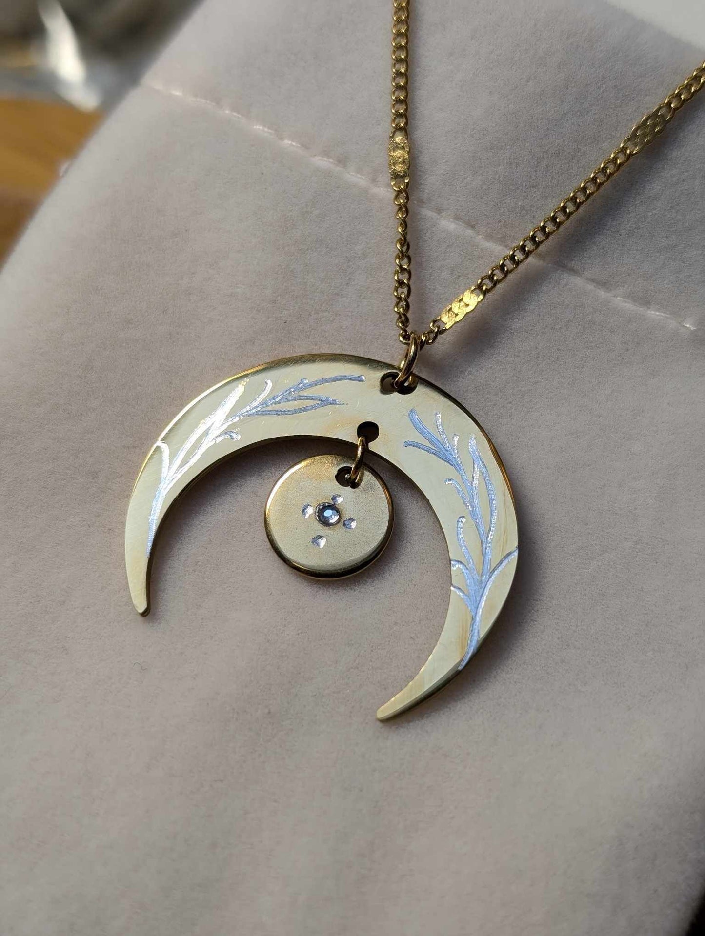 Hand Engraved Floral Moon Pendant Gold Necklace