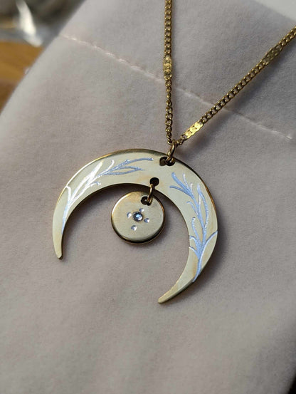 Hand Engraved Floral Moon Pendant Gold Necklace