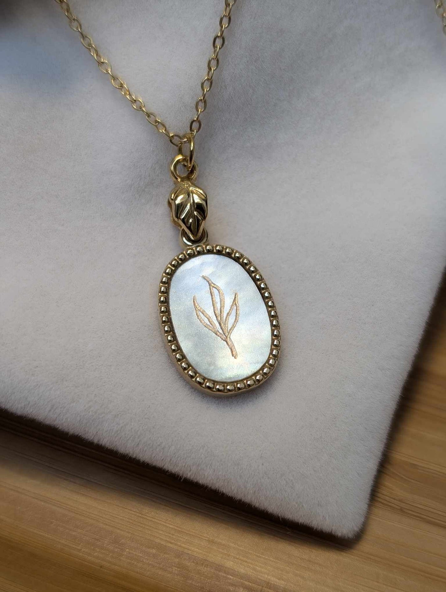 Hand Engraved Leaf Gold Necklace