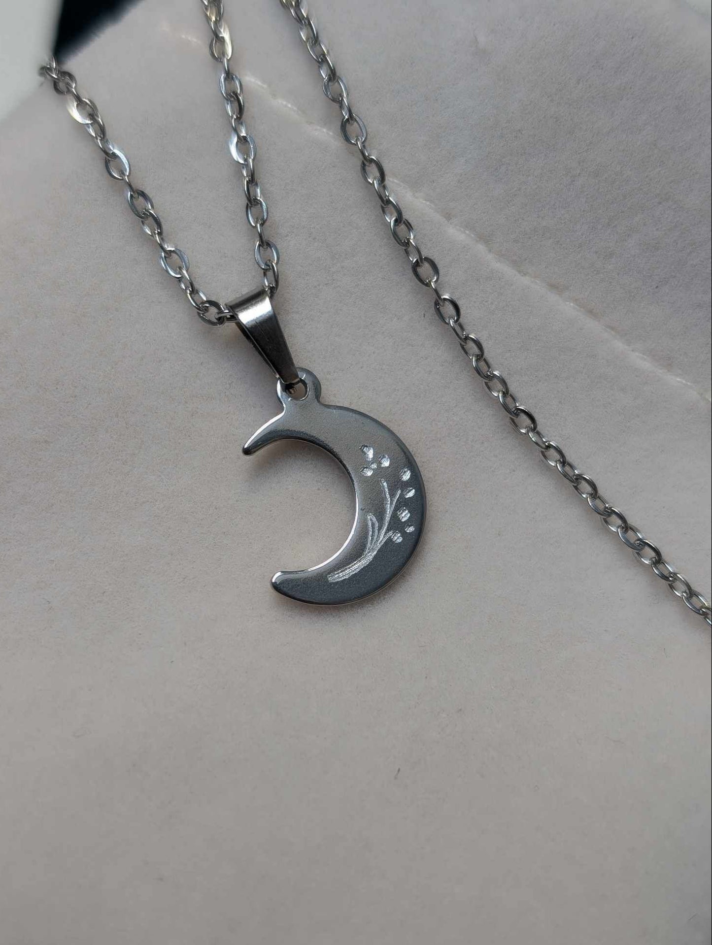 Hand Engraved Floral Moon Silver Necklace