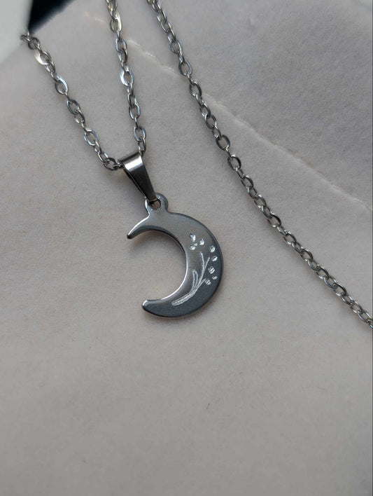 Hand Engraved Floral Moon Silver Necklace